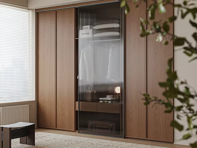 Modern Walk in Closet Interior Design With Wooden Sliding Doors Glass Panels And Clothing Storage 3d model