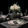 Elegant Dinnerware Set With Plates Cutlery Striped Placemats Decorative Bouquet And Glassware On Dining Table