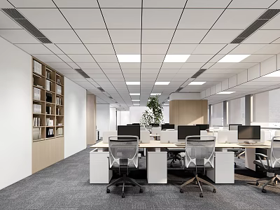 Public Office Space with Open Layout Desks Chairs Computers Bookshelves Green Plants and Ceiling Lights 3d model