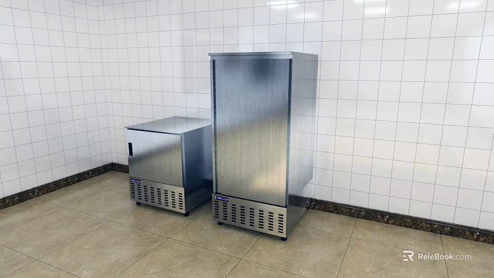 Commercial Kitchen Featuring Two Stainless Steel Refrigerators White Tiled Walls And Beige Flooring 3d model 