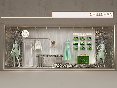 CHILLCHAN Fashion Window Display With Green Dresses White Tops Mannequins And Decorative Plants 3d model