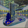 Modern Atrium Space With Glass Roof Geometric Pillar Green Tree And Staircase