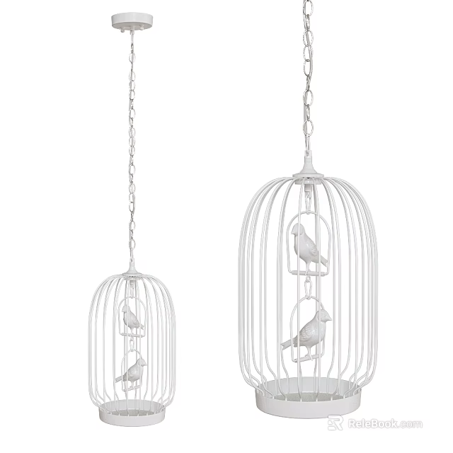 Set of Two White Birdcage Chandeliers With Hanging Chains And Bird Decorations 3d model 