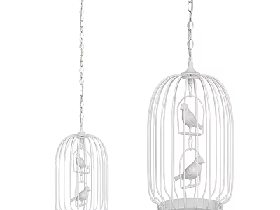 Set of Two White Birdcage Chandeliers With Hanging Chains And Bird Decorations 3d model