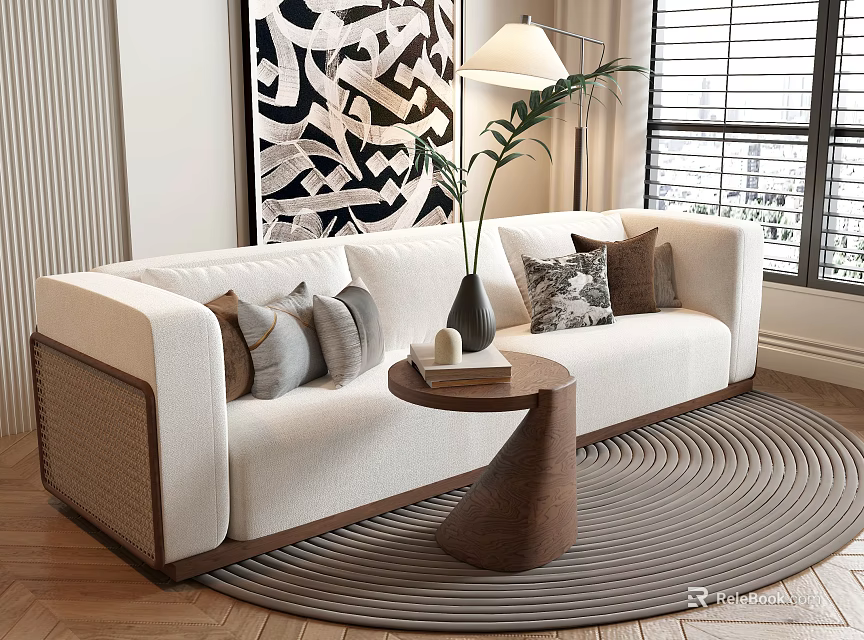 Cream Three Seater Sofa With Accent Pillows Wooden Side Table Plant Vase And Round Rug 3d model 