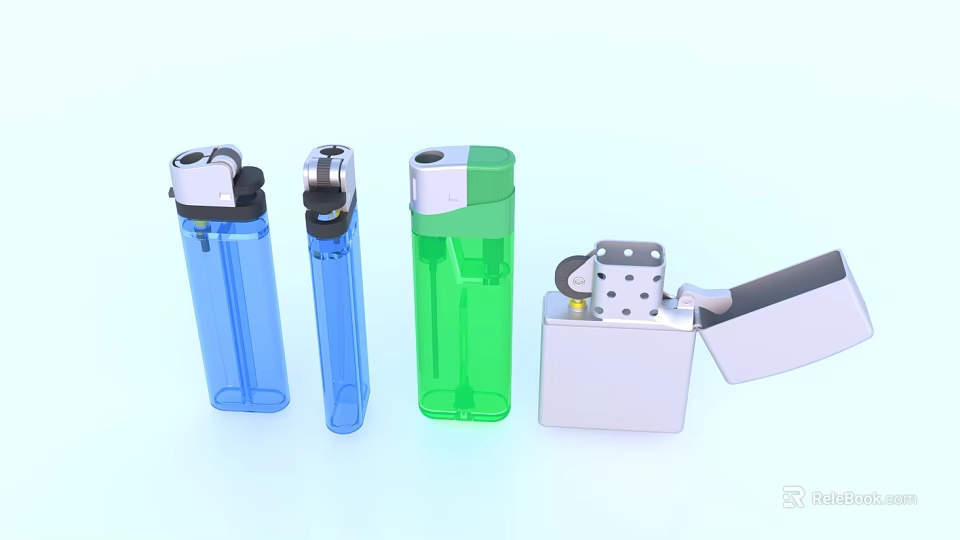 Everyday Household Lighters Including Transparent Blue Green And Silver Metal With Open Lid 3d model 