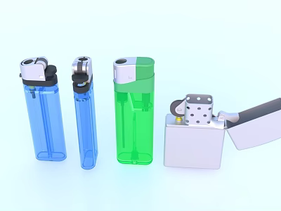 Everyday Household Lighters Including Transparent Blue Green And Silver Metal With Open Lid 3d model