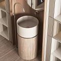 Modern Bathroom Cabinet Rack With Arched Design Round Mirror Sink And Marble Open Shelves