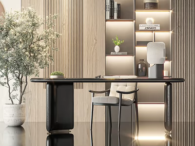 Contemporary Study Room With Black Writing Desk Gray Chair Potted Plant And Illuminated Wooden Bookshelf 3d model