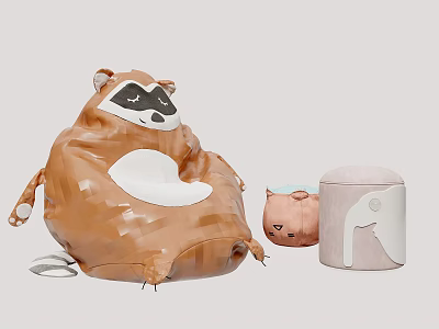 Cute Raccoon Shaped Bean Bag Chair with Bear Shaped Cushion and Gray Ottoman 3d model