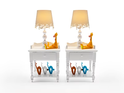Table Lamps With Beige Lace Trim Lampshades On White Nightstands Giraffe Figurines And Colorful Decor 3d model