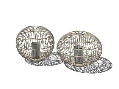 Two Spherical Woven Candle Lamps With Circular Base Plates Design 3d model