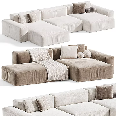 Modern Sectional Sofa with Neutral Tones Beige Brown Velvet Upholstery Modular Design Throw Pillows Blanket 3d model