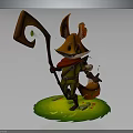 Fantasy Fox With Red Scarf Holding Wooden Staff Standing In Green Grass And Small Flowers
