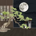 Pine Bonsai Tree With Lush Green Foliage Indoor Decor Bookshelf Lanterns And Moon Decoration