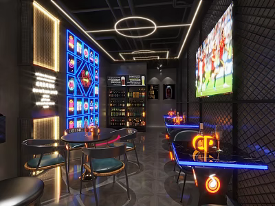 Modern Stylish Lounge Bar Interior With Neon Lights TV Sports Screen Wine Racks And Seating 3d model