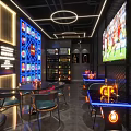 Modern Stylish Lounge Bar Interior With Neon Lights TV Sports Screen Wine Racks And Seating
