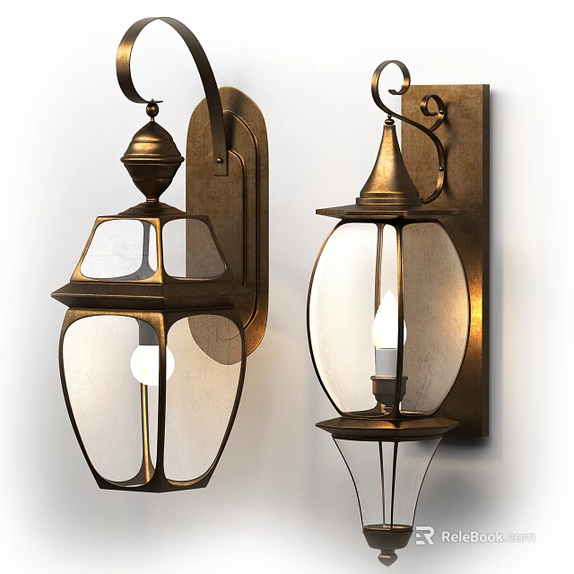 Vintage Metal Wall Lamps With Glass Shades Ornate Tops And Illuminated Bulbs 3d model 