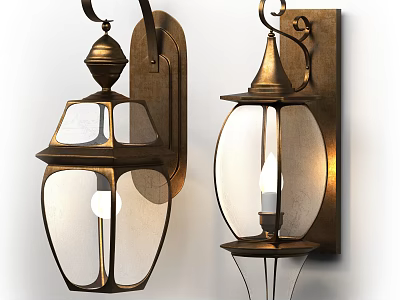 Vintage Metal Wall Lamps With Glass Shades Ornate Tops And Illuminated Bulbs 3d model