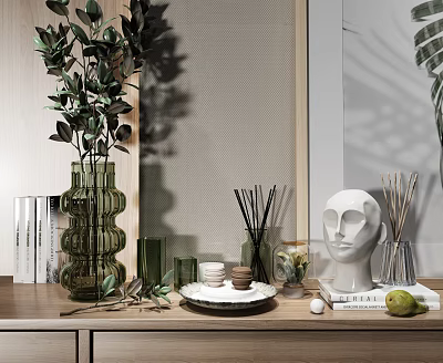 Modern Decorative Ornament Combination With Green Plants Glass Vase White Face Sculpture And Reed Diffusers For Home Decor 3d model