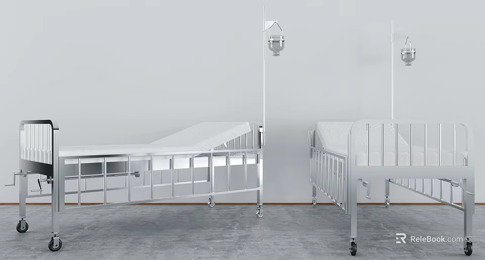 Two Adjustable Medical Beds With Metal Frames And Wheels In Hospital Ward 3d model 