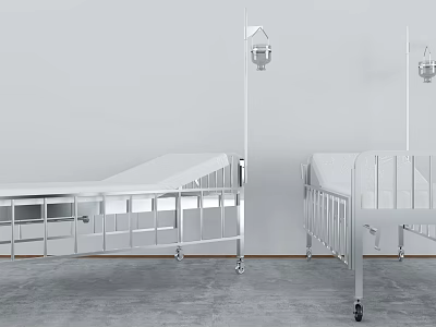 Two Adjustable Medical Beds With Metal Frames And Wheels In Hospital Ward 3d model