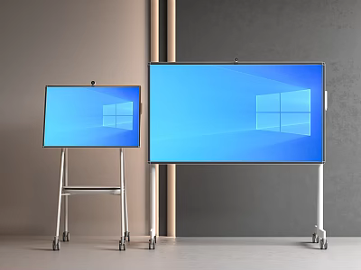 Two Digital Whiteboards with Blue Screens and Mobile Stands in Modern Room 3d model