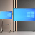 Two Digital Whiteboards with Blue Screens and Mobile Stands in Modern Room
