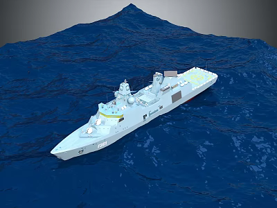 Detailed Warship Model Sailing On Blue Ocean Water With Upper Deck And Superstructure 3d model