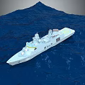Detailed Warship Model Sailing On Blue Ocean Water With Upper Deck And Superstructure