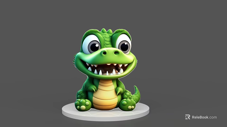 Adorable Green Cartoon Baby Crocodile Reptile Sitting On White Base With Big Eyes 3d model 