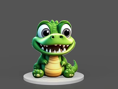 Adorable Green Cartoon Baby Crocodile Reptile Sitting On White Base With Big Eyes 3d model
