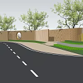 Landscape Wall Design With Curved Road Greenery Trees And Lawn