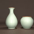 Two Elegant Ceramic Vessels Tall Vase And Round Jar With Celadon Glaze Brown Rim