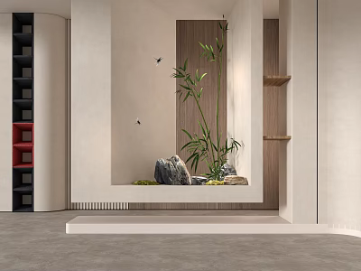 Minimalist Zen Foyer Hallway With Bamboo And Stone Decor 3d model
