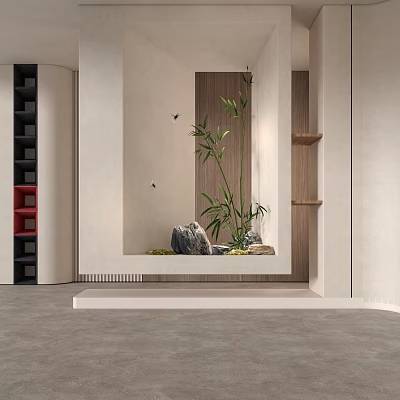 Minimalist Zen Foyer Hallway With Bamboo And Stone Decor 3d model