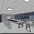 Public Office Area With Large Data Display Wall Round Table White Chairs And Green Plants