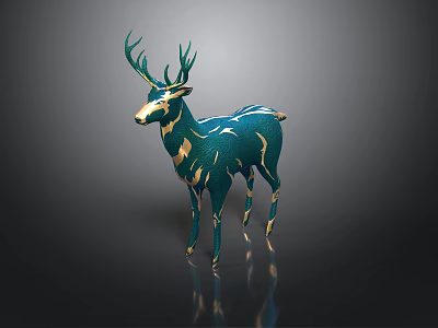 Teal Deer Sculpture With Gold Stripes And Antlers On Dark Background 3d model