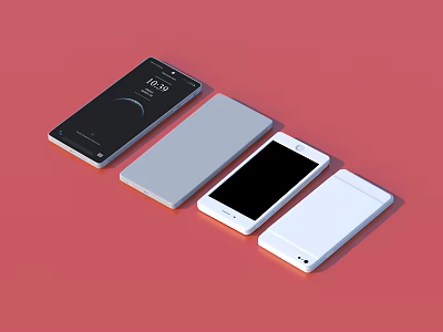 Four Modern Black And White Smartphones On Red Background With Different Sizes Styles And Screens 3d model