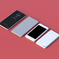 Four Modern Black And White Smartphones On Red Background With Different Sizes Styles And Screens