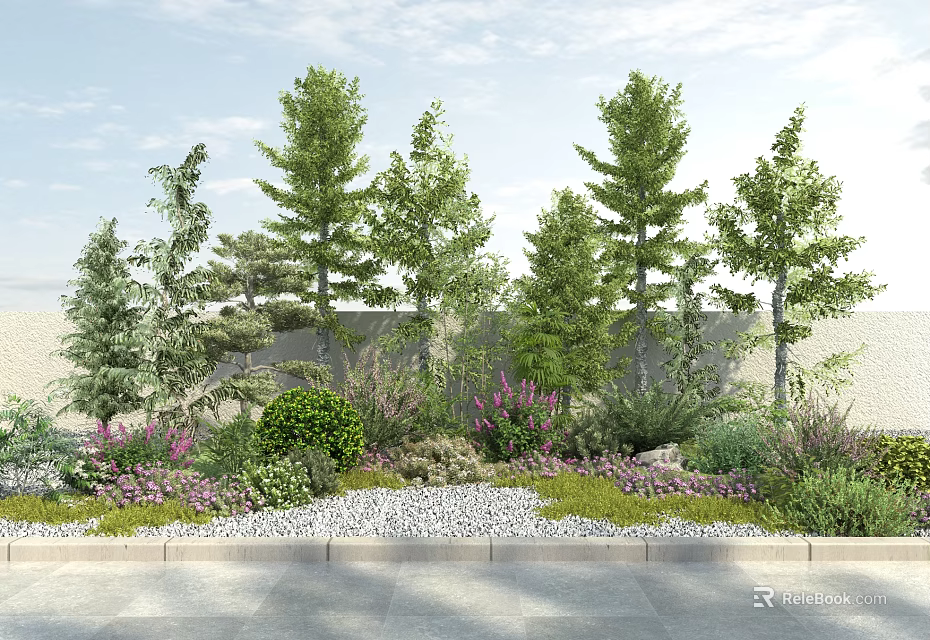 Garden Flowers and Plants in Landscape with Trees Shrubs Gravel Grass and Background Wall 3d model 