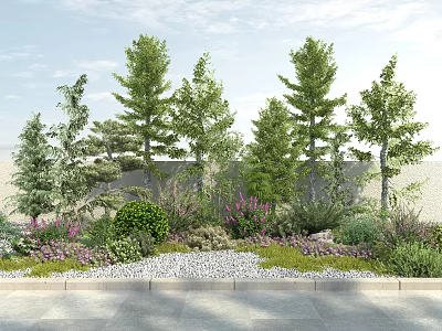 Garden Flowers and Plants in Landscape with Trees Shrubs Gravel Grass and Background Wall 3d model