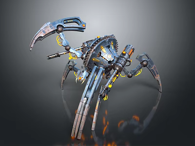 Mechanical Spider Robot With Metallic Claws Yellow Accents And Flame Effects 3d model