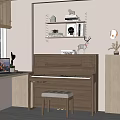 Cozy Interior Room With Wooden Piano Art Supplies Work Desk Laptop And Decorative Shelf