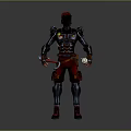 Futuristic Character With Red Helmet And Black Red Mechanical Armor Holding Weapons
