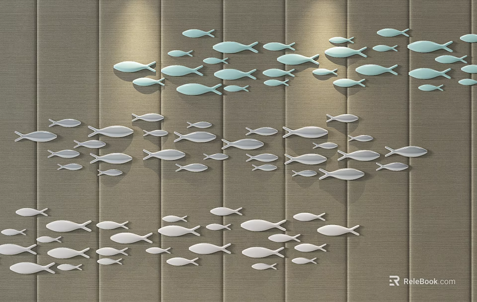 Creative Wall Decor with Light Blue and White Fish Shaped Decorations on Beige Wall 3d model