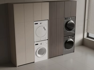 Modern Balcony Cabinet With Built in Washing Machine And Dryer In Light Dark Design 3d model