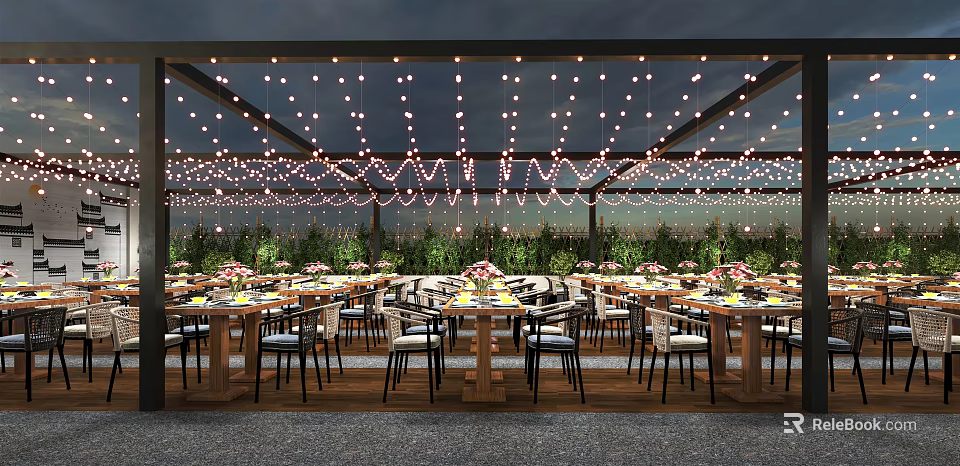 Outdoor Restaurant With Tables Chairs String Lights On Ceiling And Green Plants Around 3d model 
