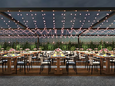 Outdoor Restaurant With Tables Chairs String Lights On Ceiling And Green Plants Around 3d model