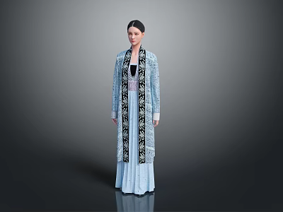 Blue Traditional Robe With Black White Floral Embroidery And Decorative Patterns 3d model
